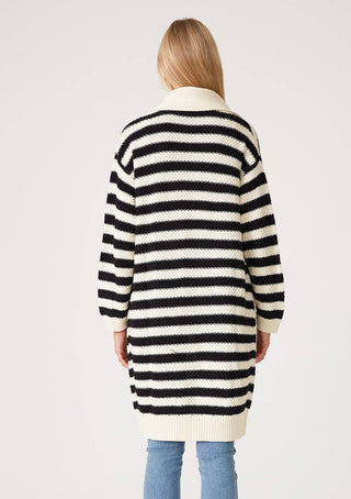 Striped Open Front Long Sleeve Cardigan: Black/White / M