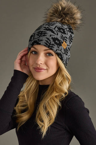 Gray & Black Floral Pattern Pom Hat