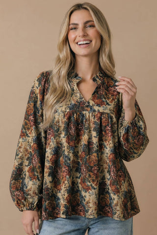 Vintage Floral Bubble Sleeve Blouse