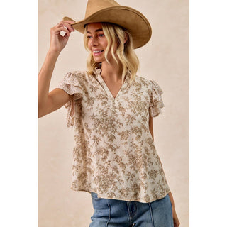 Print & Woven Ruffle Sleeve Blouse