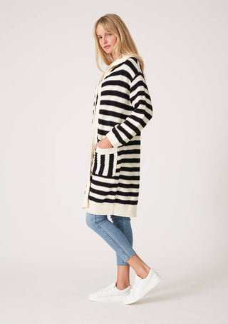 Striped Open Front Long Sleeve Cardigan: Black/White / S