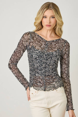 Scalloped Hem Mesh Print Top