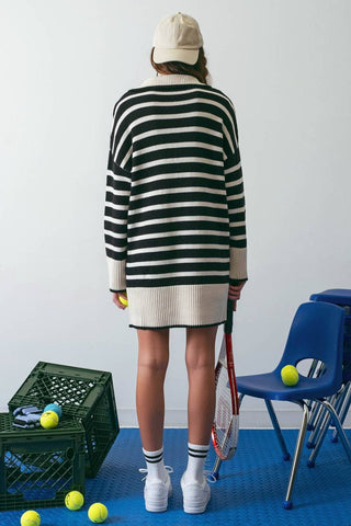 STRIPED COLLARED KNIT SWEATER DRESS: BLACK