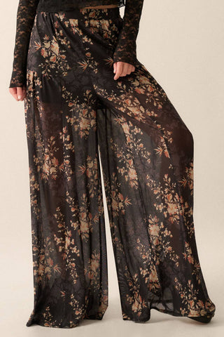 Floral Mesh Elastic-Waist Wide-Leg Pants: Black / M