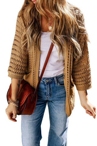Crochet Star Pocketed Dolman Cardigan: Camel / 55%Acrylic+45%Cotton / M