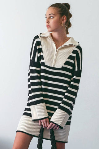 STRIPED COLLARED KNIT SWEATER DRESS: BLACK