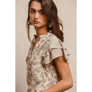 Print & Woven Ruffle Sleeve Blouse