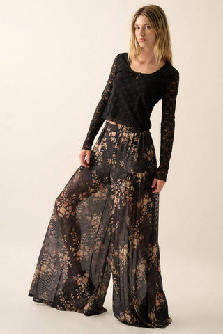 Floral Mesh Elastic-Waist Wide-Leg Pants: Black / L