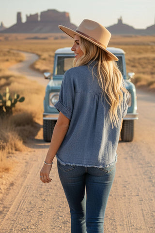 Frayed Trim Denim Button Top: