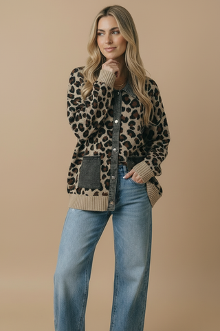 Denim Leopard Jacquard Twofer Cardigan