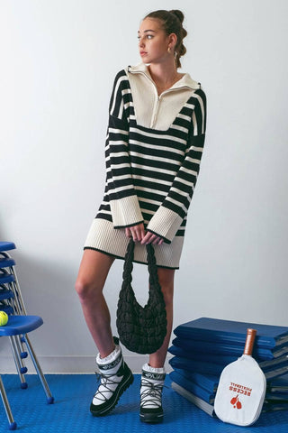 STRIPED COLLARED KNIT SWEATER DRESS: BLACK