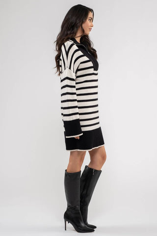 STRIPED COLLARED KNIT SWEATER DRESS: BLACK
