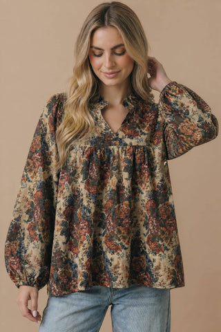 Vintage Floral Bubble Sleeve Blouse