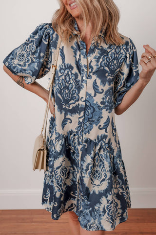 Blue Boho Floral Print Dress