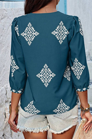 Summer 3/4 Sleeve Vintage Floral Print V-neck Top AXR108: Black / XL