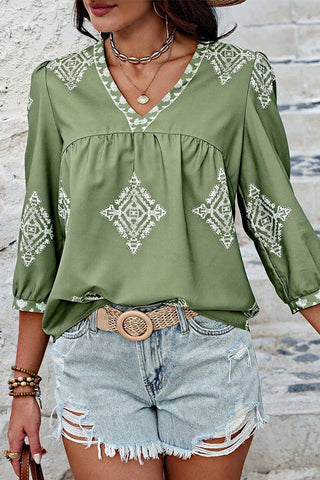 Summer 3/4 Sleeve Vintage Floral Print V-neck Top AXR108: Black / M