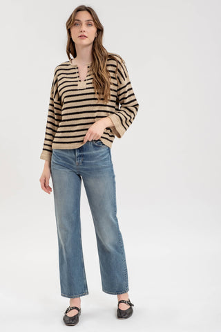 STRIPE SPLIT NECK LONG SLEEVE KNIT SWEATER: BLACK