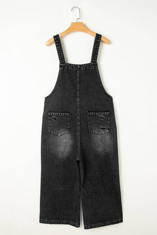 Black Denim Distressed Bib Overalls