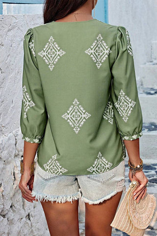 Summer 3/4 Sleeve Vintage Floral Print V-neck Top AXR108: Black / S