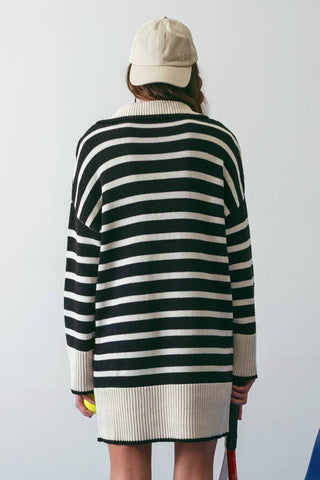 STRIPED COLLARED KNIT SWEATER DRESS: BLACK