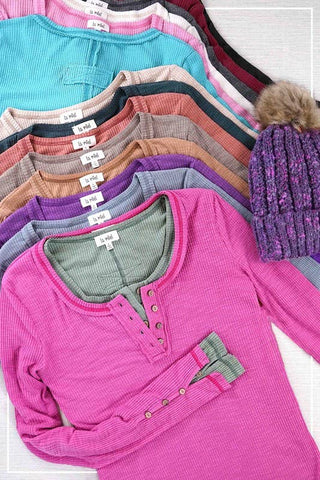 JAT7559-Ribbed Henley Stitched Spring Fall Long Sleeve Top: M / Ivory