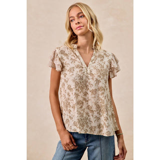 Print & Woven Ruffle Sleeve Blouse
