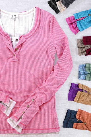 JAT7559-Ribbed Henley Stitched Spring Fall Long Sleeve Top: M / Ivory