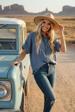 Frayed Trim Denim Button Top: