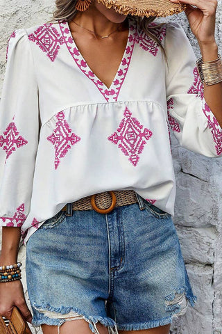 Summer 3/4 Sleeve Vintage Floral Print V-neck Top AXR108: Black / M
