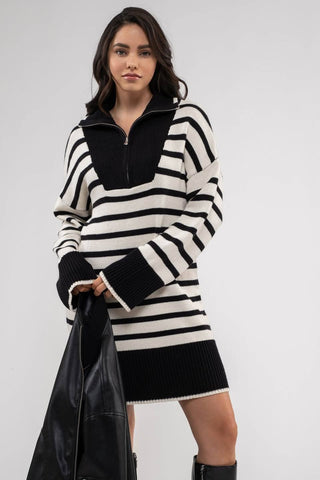 STRIPED COLLARED KNIT SWEATER DRESS: BLACK