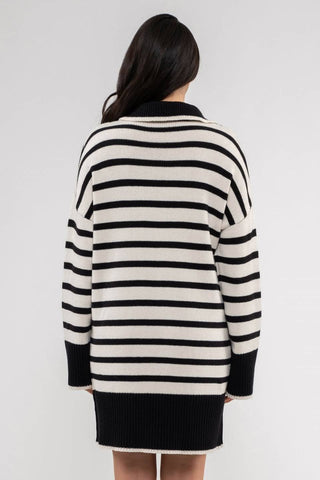 STRIPED COLLARED KNIT SWEATER DRESS: BLACK