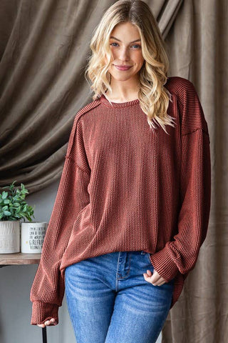 Vintage Red Ribbed Long Sleeve Top