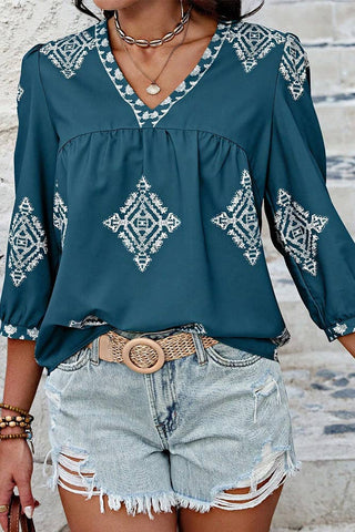 Summer 3/4 Sleeve Vintage Floral Print V-neck Top AXR108: Black / XL