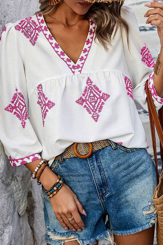 Summer 3/4 Sleeve Vintage Floral Print V-neck Top AXR108: Black / S