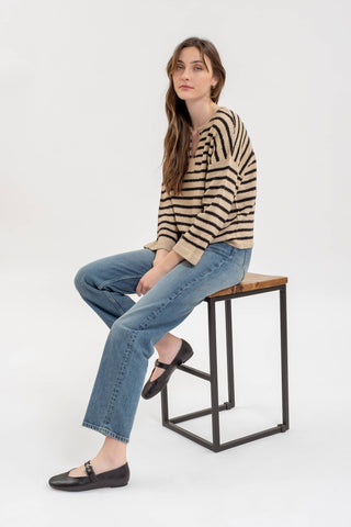 STRIPE SPLIT NECK LONG SLEEVE KNIT SWEATER: BLACK