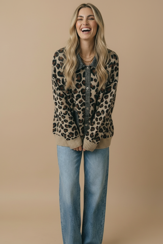 Denim Leopard Jacquard Twofer Cardigan