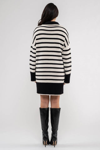 STRIPED COLLARED KNIT SWEATER DRESS: BLACK