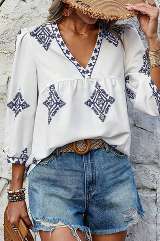 Summer 3/4 Sleeve Vintage Floral Print V-neck Top AXR108: Black / L