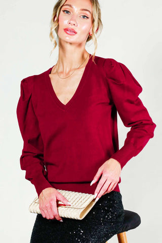 Burgandy Puff Sleeve Knitted Sweater