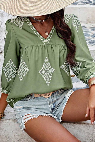 Summer 3/4 Sleeve Vintage Floral Print V-neck Top AXR108: Black / M