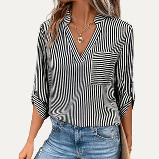 Classic Striped Pattren V Neck Half Sleeve Top: Black / M