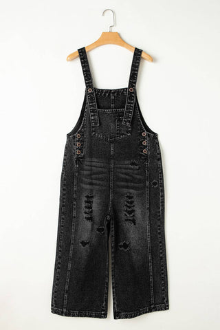 Black Denim Distressed Bib Overalls