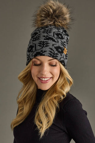 Gray & Black Floral Pattern Pom Hat