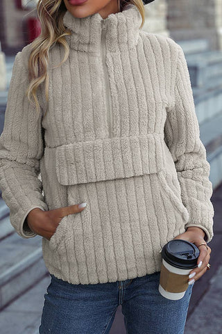 Half Zipper Fleece Pullover Sweatshirt with Pockets: Apricot / M