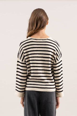 STRIPE SPLIT NECK LONG SLEEVE KNIT SWEATER: BLACK