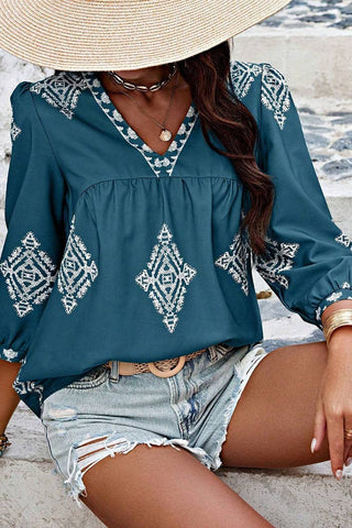 Summer 3/4 Sleeve Vintage Floral Print V-neck Top AXR108: Black / S
