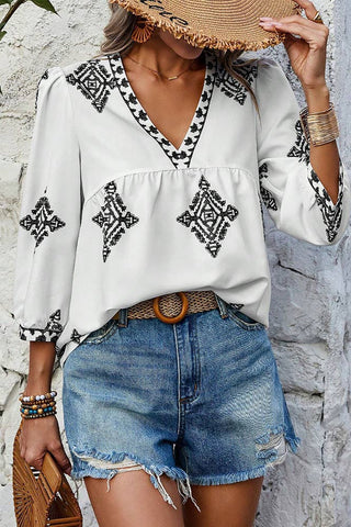 Summer 3/4 Sleeve Vintage Floral Print V-neck Top AXR108: Black / S