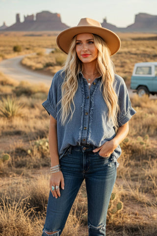 Frayed Trim Denim Button Top: