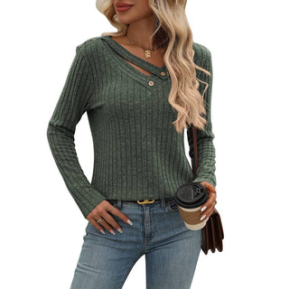 Ribbed Knit V Neck Button Detail Long Sleeve Top G5-TP8083: Black / L