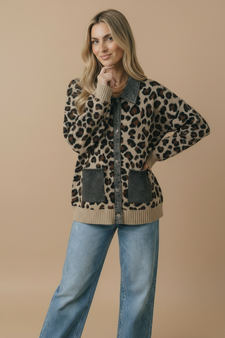 Denim Leopard Jacquard Twofer Cardigan